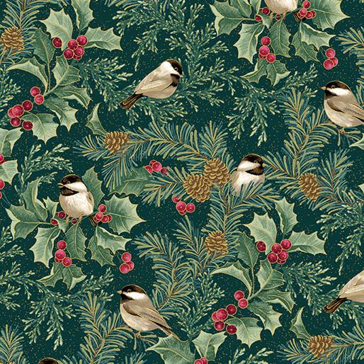 A Winter's Day Winter Chickadees - Dark Teal with metallic Gold