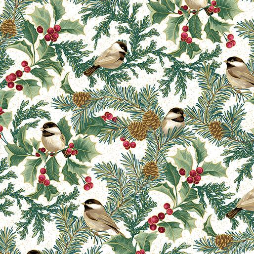 A Winter's Day Winter Chickadees - White with metallic Gold
