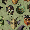 Creepsville Creepy Faces Allover - Sage