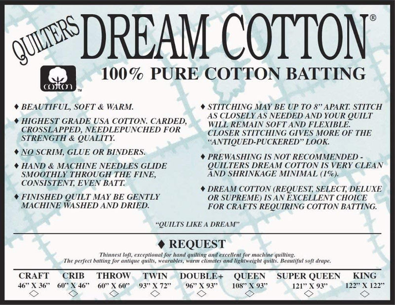 Quiilter's Dream Cotton Request Whiite  Batting - Super Queen 121" x 93"